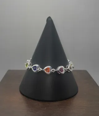Pulsera Plata Ley 925 Corazones Multicolor