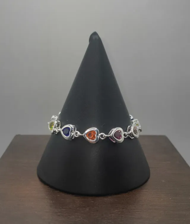 Pulsera Plata Ley 925 Corazones Multicolor
