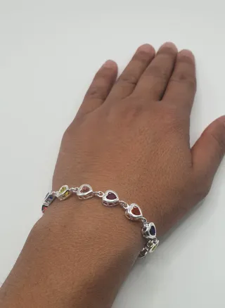 Pulsera Plata Ley 925 Corazones Multicolor