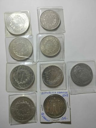 9 Monedas de Plata Francia. 50 , 10 y 5 francos
