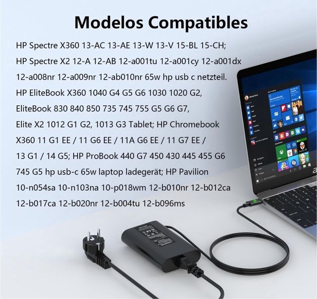 Cargador Portatil USB C 65W Compatible con HP Elit
