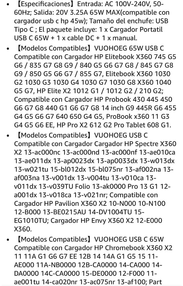 Cargador Portatil USB C 65W Compatible con HP Elit