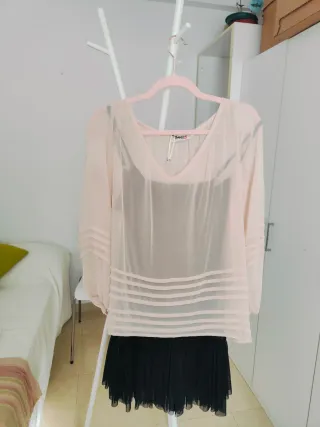 Vestido Boho Gasa y Tul Nude/Negro