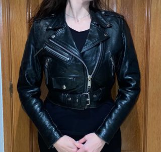 Chaqueta cuero negra biker ALEX S mujer como nueva