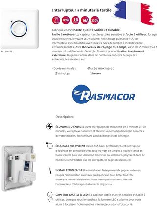 RASMACOR Interruptor Temporizador Táctil LED Pared