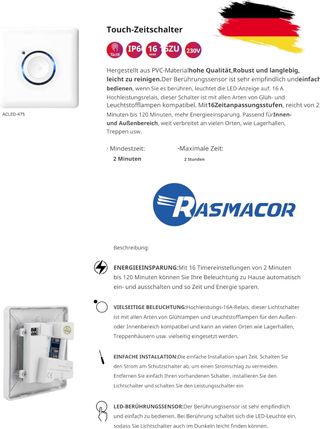 RASMACOR Interruptor Temporizador Táctil LED Pared