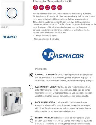RASMACOR Interruptor Temporizador Táctil LED Pared