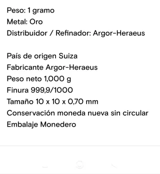 Moneda de Oro Puro 1g Au 999.9