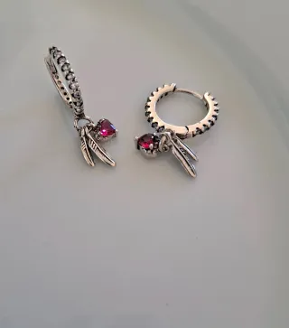 Pendientes Plata Corazón y Pluma Rosa
