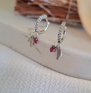 Pendientes Plata Corazón y Pluma Rosa