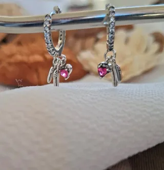 Pendientes Plata Corazón y Pluma Rosa