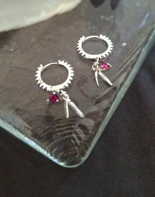 Pendientes Plata Corazón y Pluma Rosa