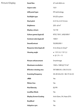 PC Monitor Philips 273B9/00 FHD 75Hz USBC DP HDMI