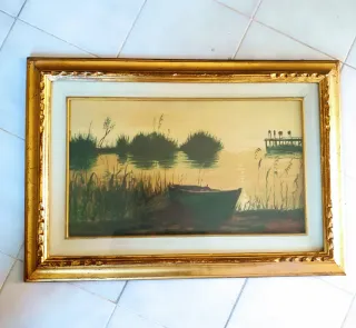 Quadro paesaggio con barca e molo olio su tela