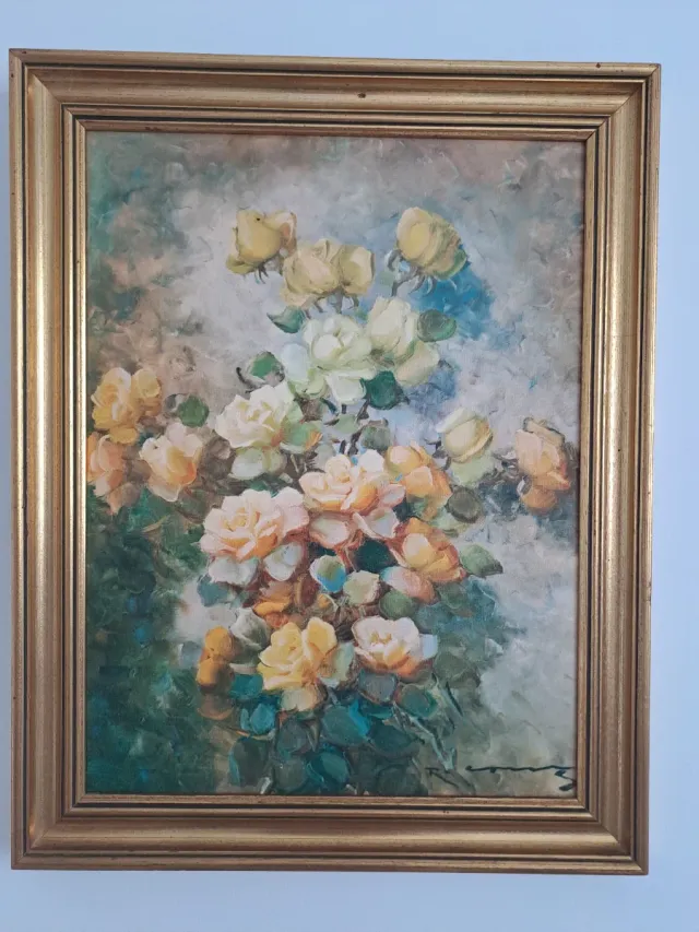 Cuadro flores antiguo marco dorado