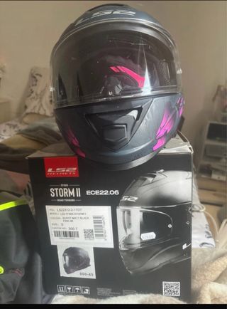 Casco Moto LS2 Negro Rosa chaqueta  guantes