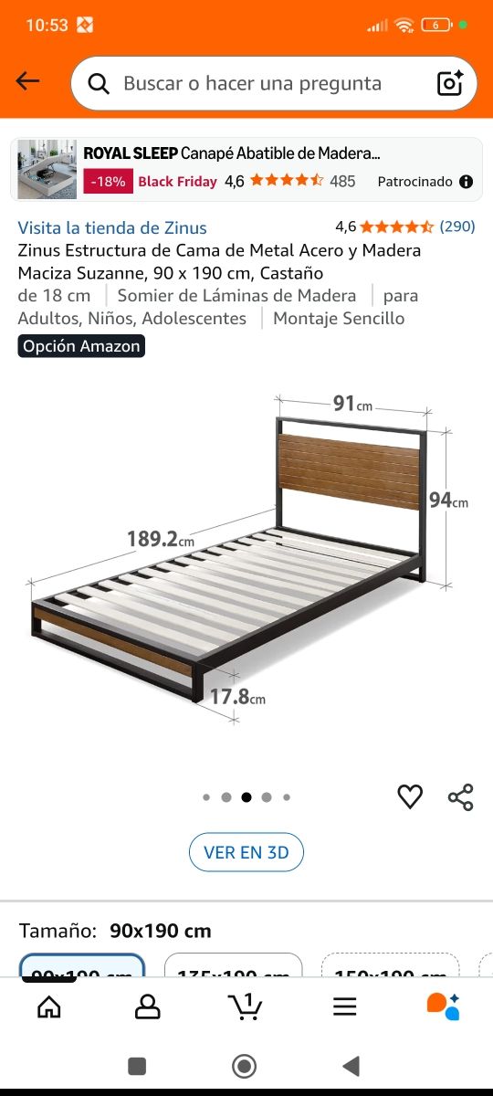 Cama Zinus 90x190 cm Metal y Madera