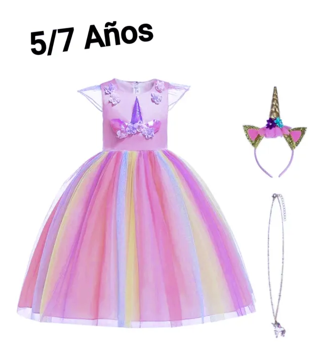 Vestido Princesa Unicórnio Arco-Íris 5/7 Anos