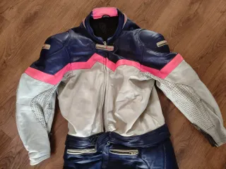 Traje de moto 2 piezas azul y rosa