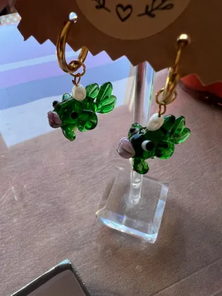 Pendientes pez cristal Murano verde y oro