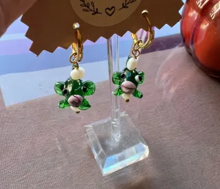 Pendientes pez cristal Murano verde y oro