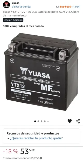 Batería Yuasa YTX12-BS 12V 10.5Ah 180A