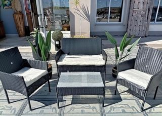 BLACK FRIDAY! Terraza Ratán Negro Cojines Blancos