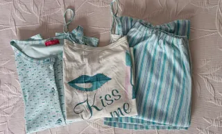 Pijama mujer 3 piezas azul y blanco