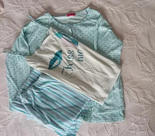 Pijama mujer 3 piezas azul y blanco