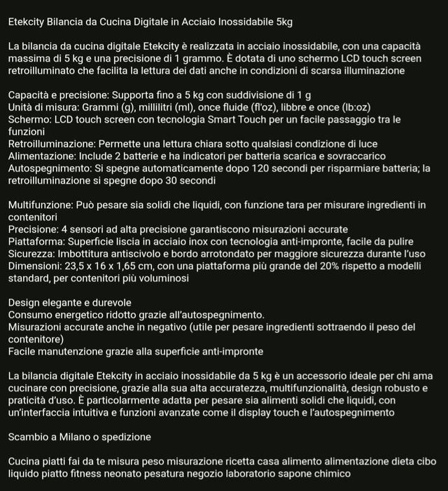 Bilancia Cucina Digitale Etekcity Acciaio 5kg