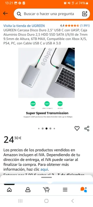 Carcasa Disco Duro UGREEN 2.5 USB C