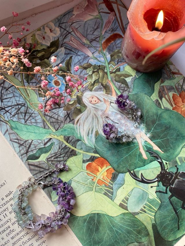 Pendientes y pulsera de amatista natural