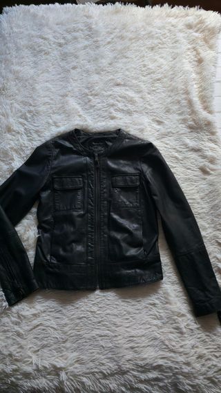 Cazadora Piel Mujer Massimo Dutti Negra