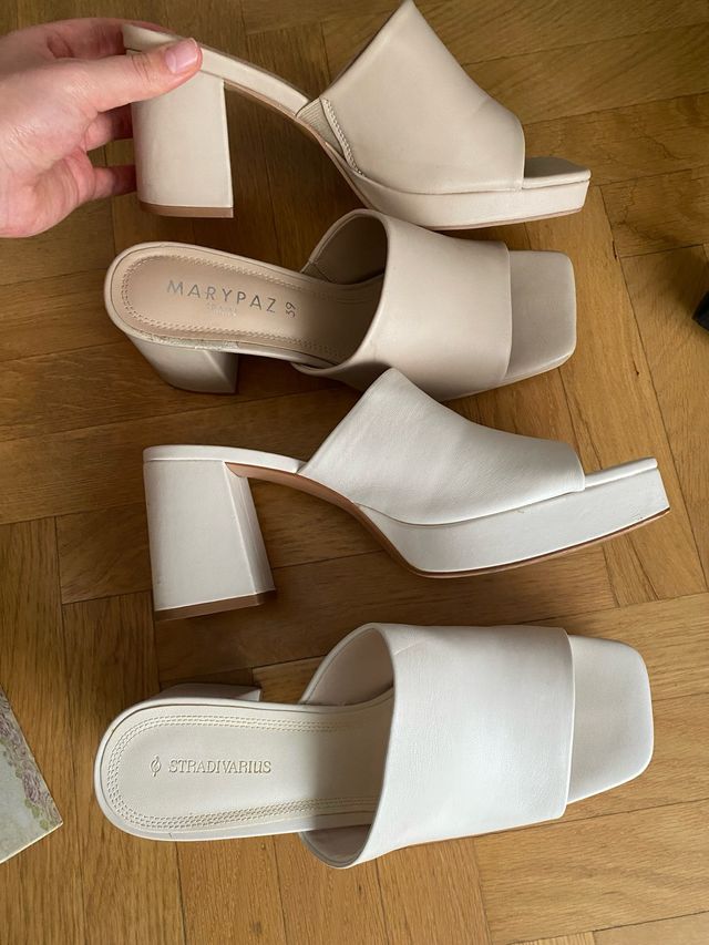 Sandalias tacón plataforma beige y blanco