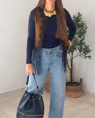 Chaleco Zara flecos abalorios marrón