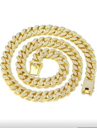 Cadena Cubana Chapada en Oro con Diamantes