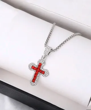 Colgante Cruz con Circonitas Rojas y Plateado