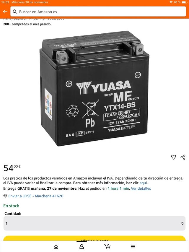 Batería Yuasa YTX14-BS BMW F800 R Nueva