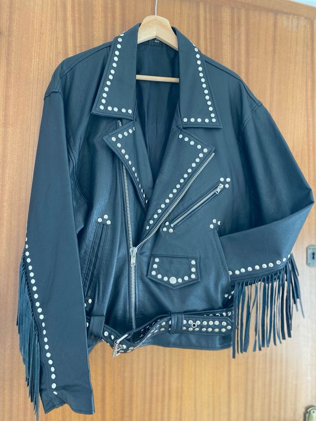 Chaqueta Biker Cuero Flecos Vintage