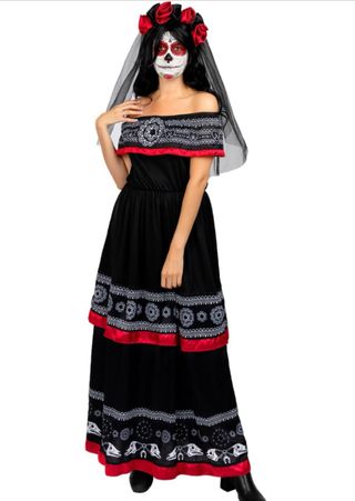Disfraz Catrina Negro y Rojo, con diadema.