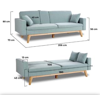 Sofá Cama Tela Azul y Madera