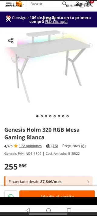 Mesa de escritorio gaming blanca con LED