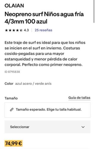 Neopreno surf OLAIAN Niños 4/3mm azul