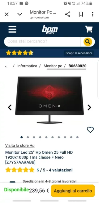 Monitor HP Omen 25" 144hz Full HD Nero