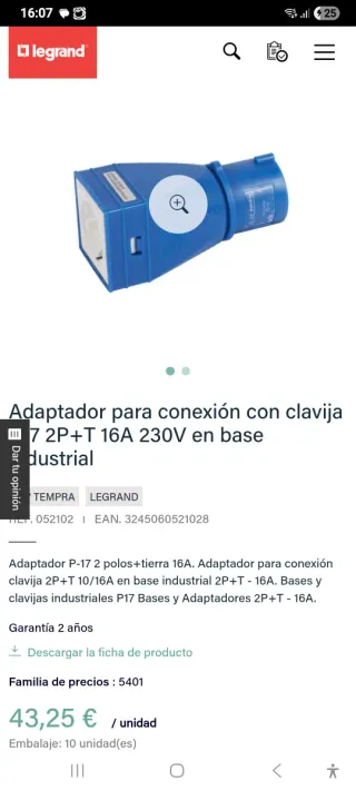 Adaptador Enchufe Azul y Gris 16A