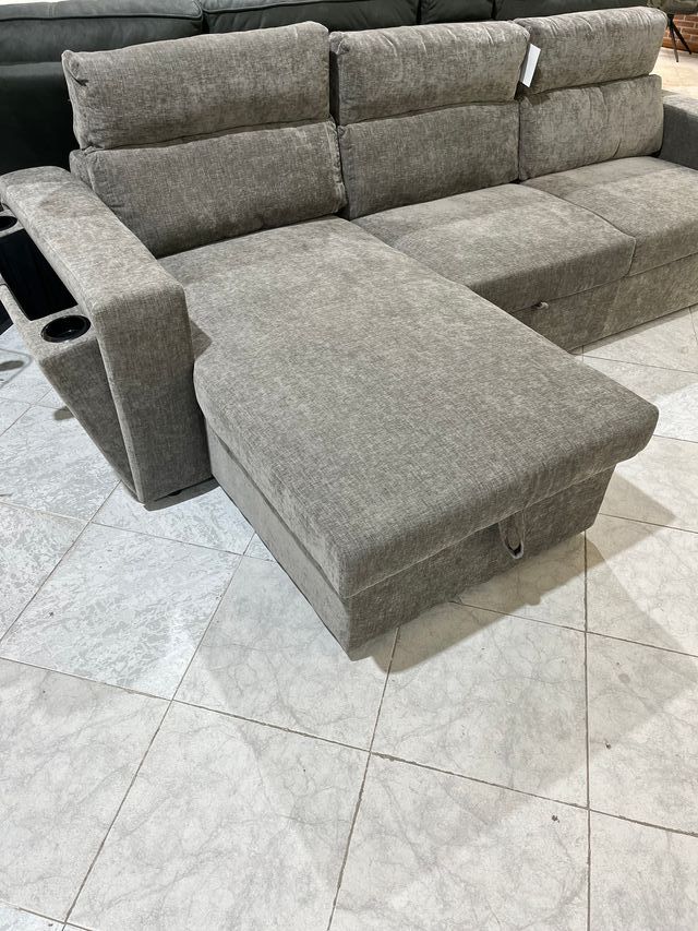 Sofá Cama Chaise Longue con Portavasos Gris