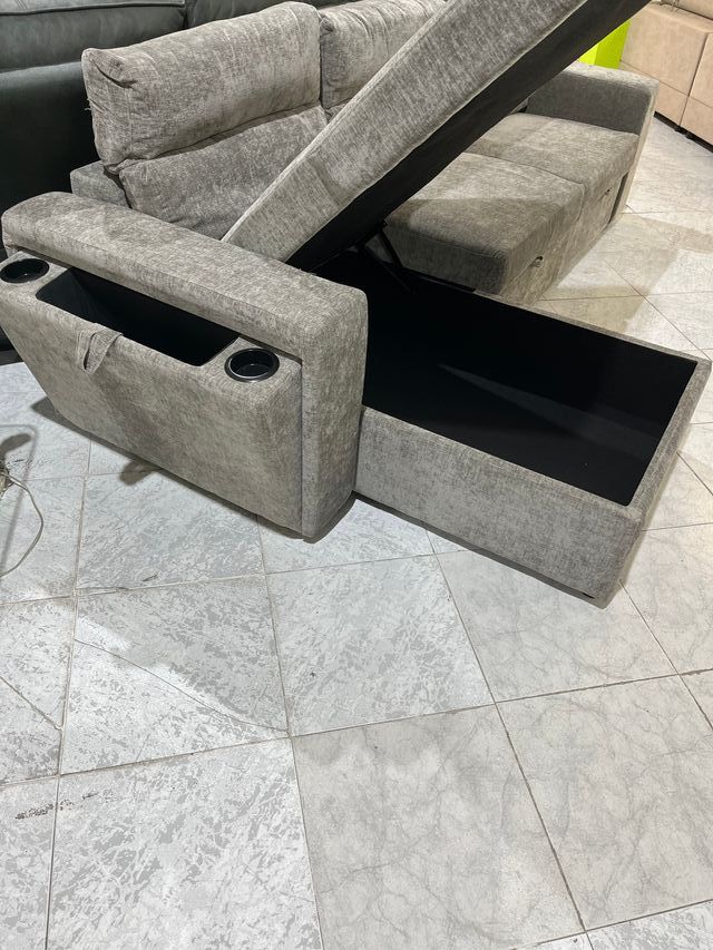 Sofá Cama Chaise Longue con Portavasos Gris