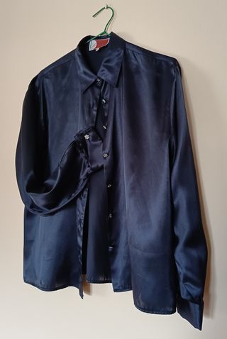 Camisa raso negra botones strass puño gemelos T42