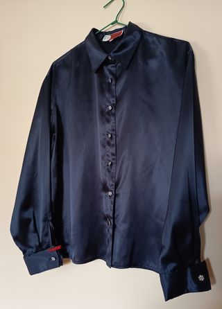 Camisa raso negra botones strass puño gemelos T42