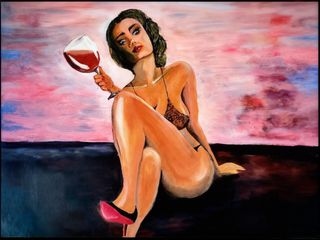 Pintura de mujer con copa de vino